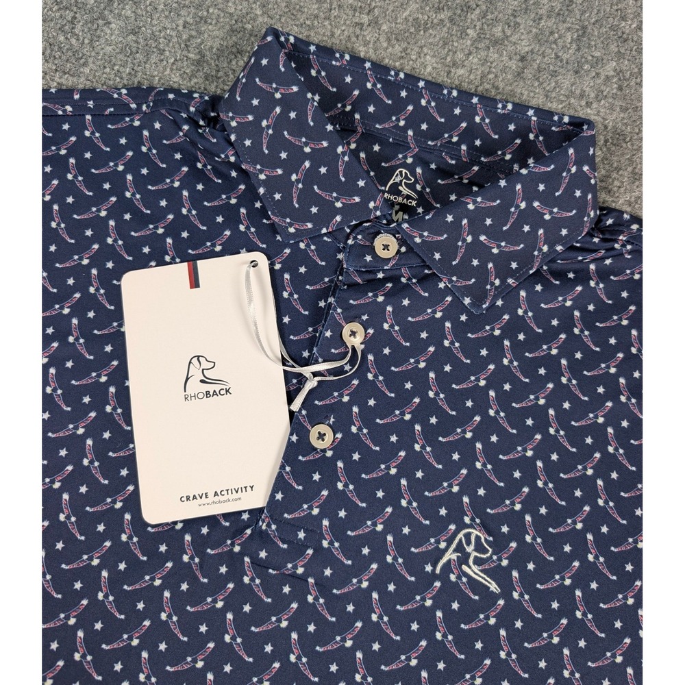 Rhoback The Bald Eagle Polo Shirt Mens Medium Admiral Navy USA Performance NWT